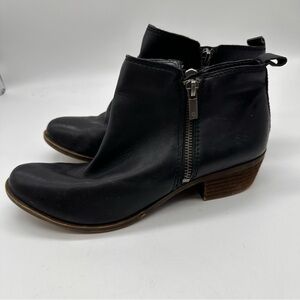 Lucky Brand Women Basel Ankle Boots Black Leather 1.5" Block Heels 2 Moto